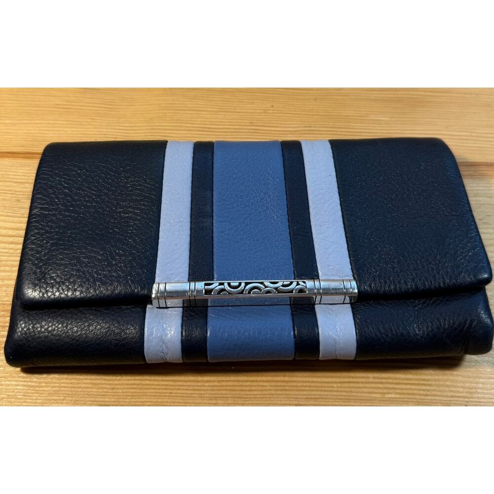 Brighton Leather Checkbook Wallet Blue Stripe Organizer Clutch